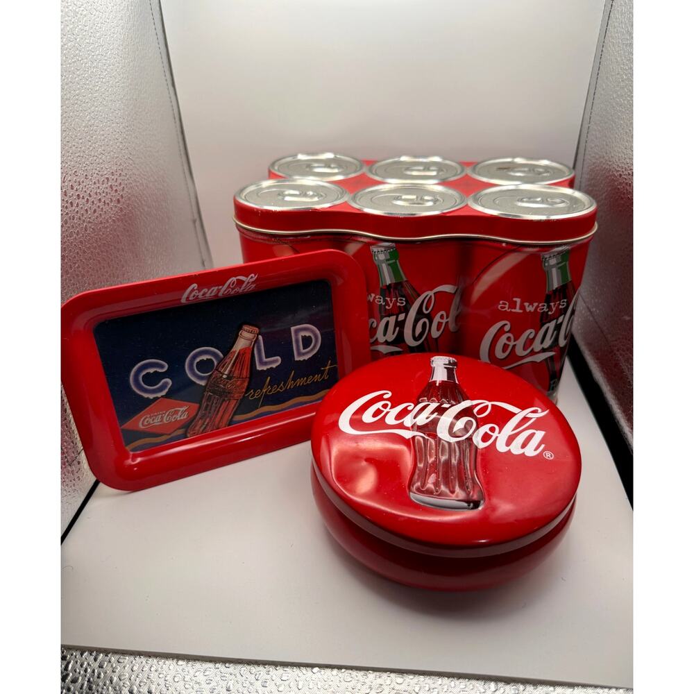 Vintage 1998 Coca-Cola Decorative Tin Lot 3 Six Pack Round Cooler Coke